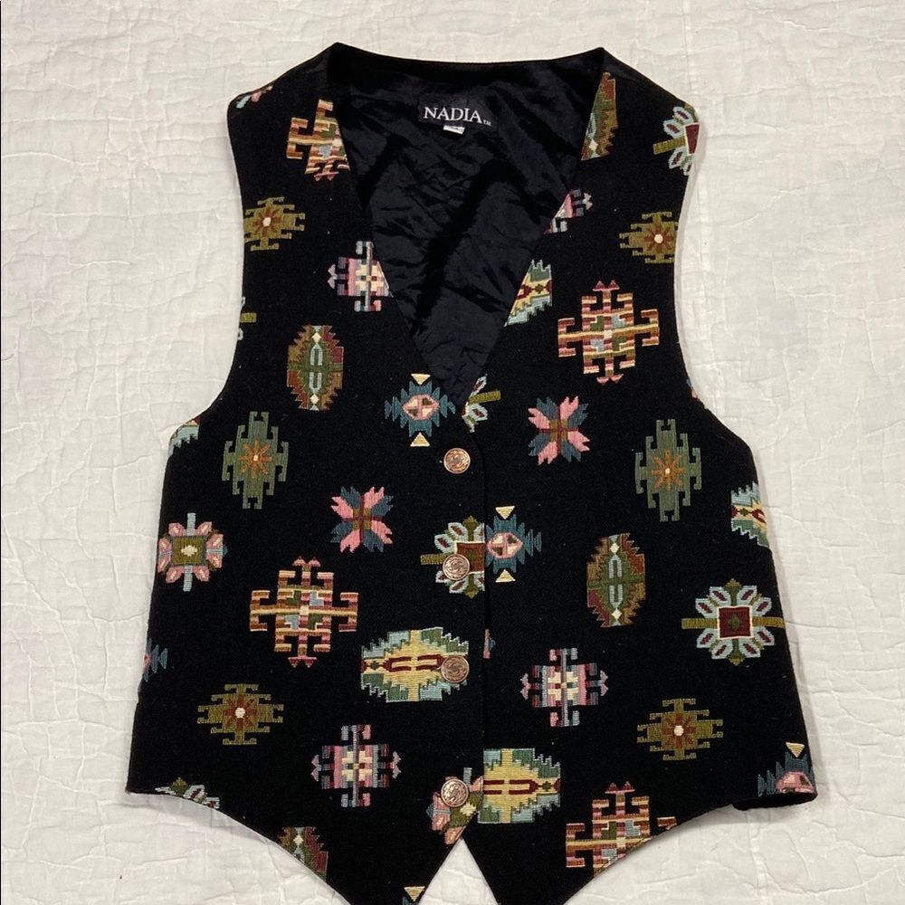 Vintage Nadia Black and Gold Sleeveless Buttoned Vest size Medium